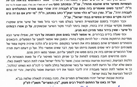 המכתב המקורי החתום בכתב ידם של הרבנים שכל הפאות כיום בחשש עבודה זרה
